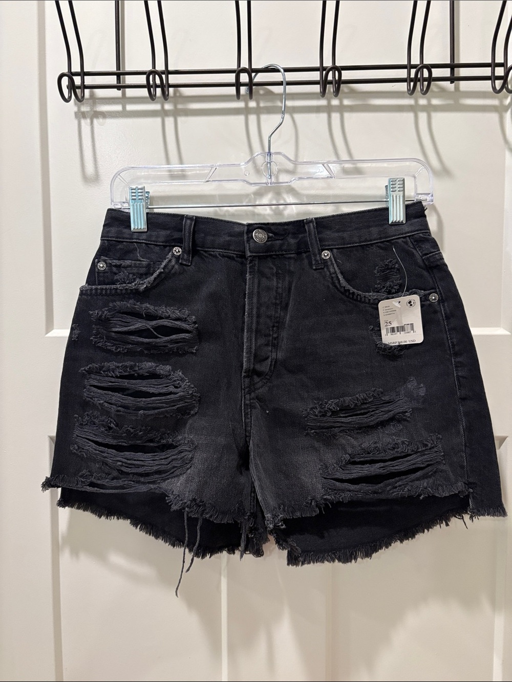 Free People Black Distressed Denim Shorts